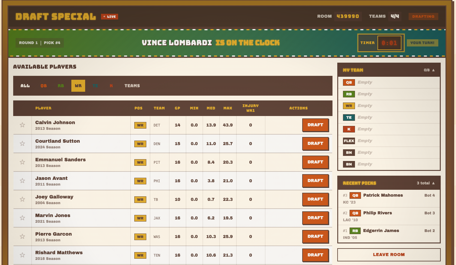 RetroFantasy draft screen