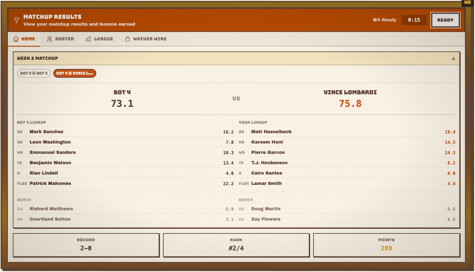 RetroFantasy matchup screen