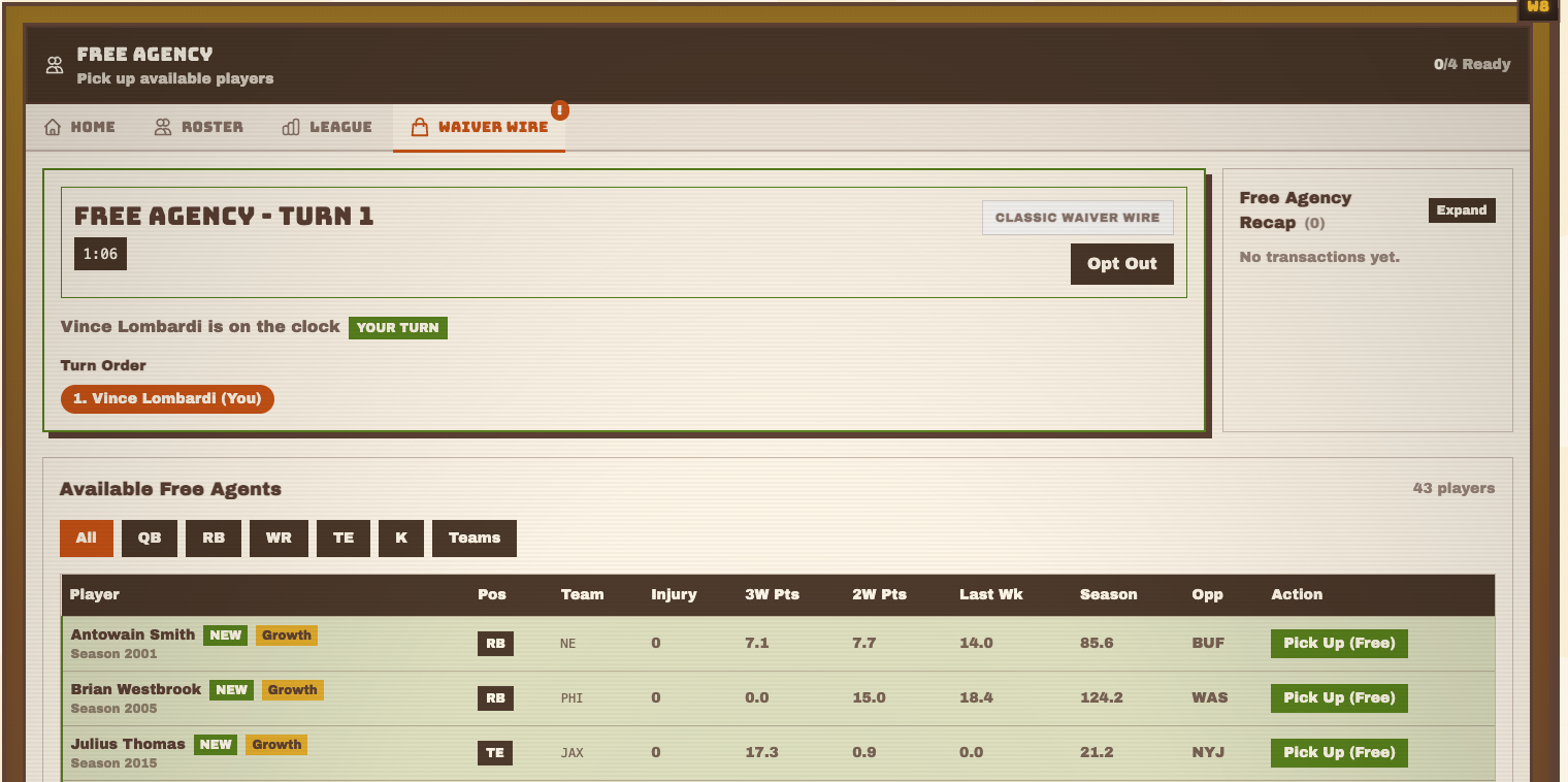 RetroFantasy free agency screen